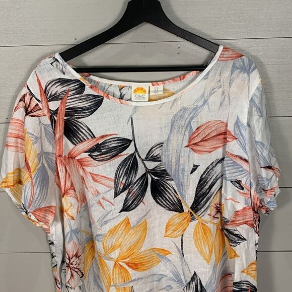 C&C California 100% linen tropical floral print tunic size 1X Hawaiian vacation - Picture 2 of 6